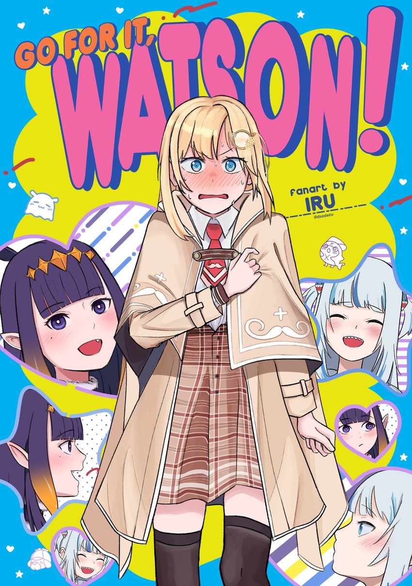 gawr gura, ninomae ina'nis, watson amelia, takodachi, bloop, and 1 more (hololive and 2 more) drawn by iruyo