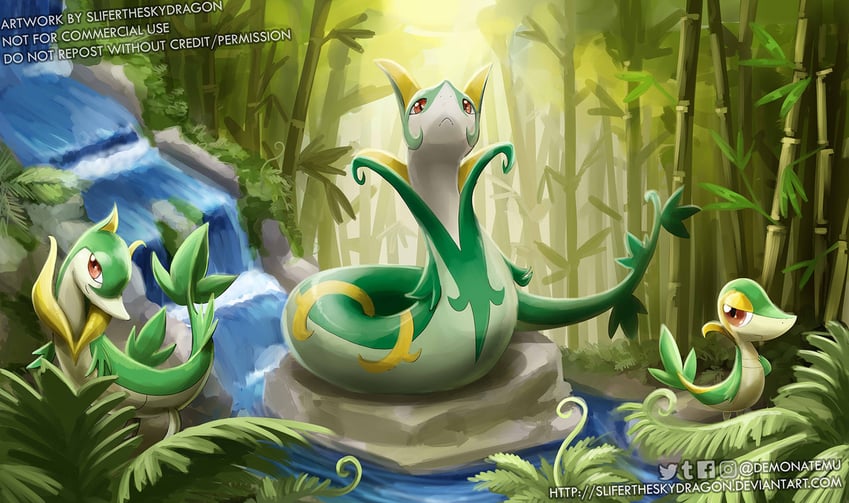 snivy, serperior, and servine (pokemon) drawn by slifertheskydragon