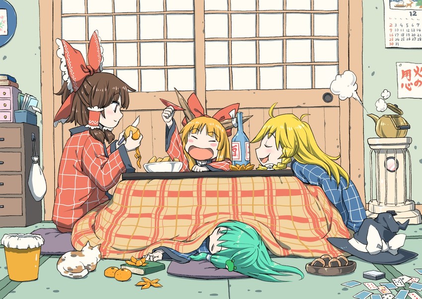 hakurei reimu, kirisame marisa, kochiya sanae, and ibuki suika (touhou) drawn by inuno_rakugaki