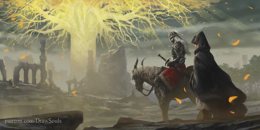 tarnished, melina, bloody wolf, and torrent (elden ring) drawn by draw_souls