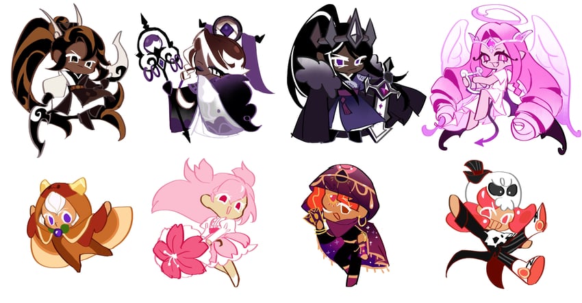 eternal sugar cookie, cherry blossom cookie, dark cacao cookie, caramel arrow cookie, affogato cookie, and 3 more (cookie run) drawn by geruideyundongxie