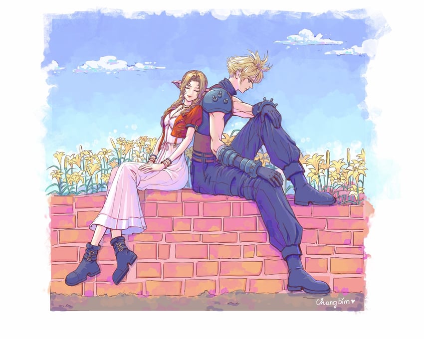 cloud strife and aerith gainsborough (final fantasy and 3 more) drawn by changbim13