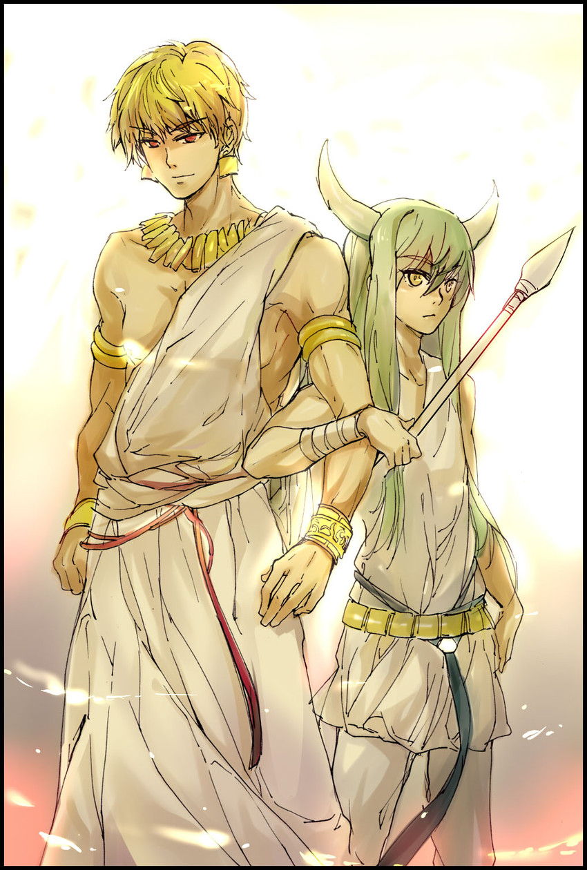 gilgamesh and enkidu (fate and 2 more) drawn by rakuko