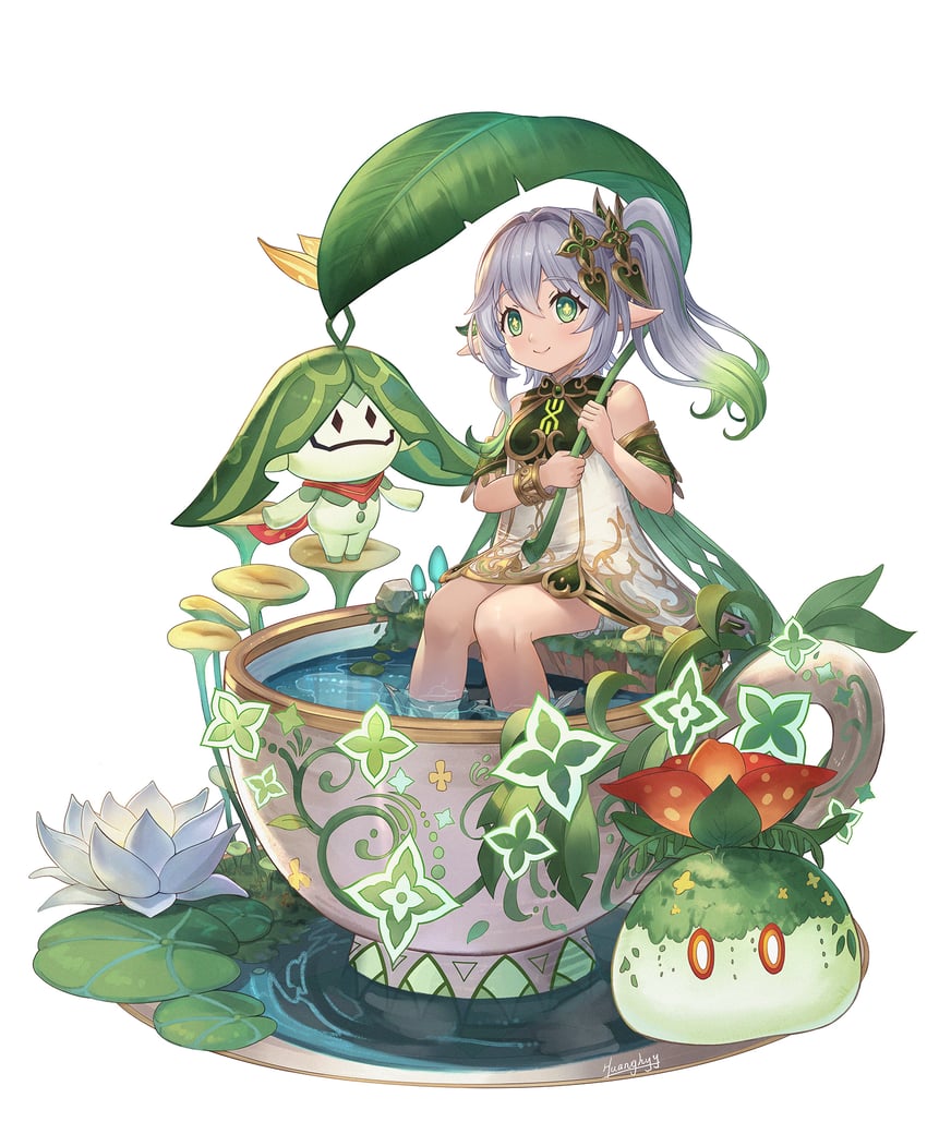 nahida, slime, aranara, and dendro slime (genshin impact) drawn by huanghyy