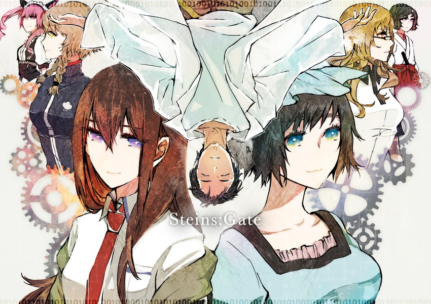 makise kurisu, okabe rintarou, shiina mayuri, amane suzuha, urushibara luka, and 2 more (steins;gate) drawn by shinsuke_(moccori)
