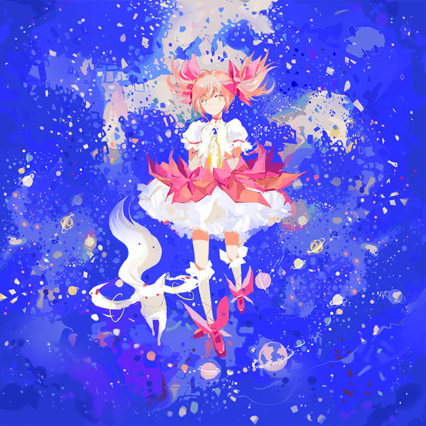 kaname madoka and kyubey (mahou shoujo madoka magica) drawn by kyer