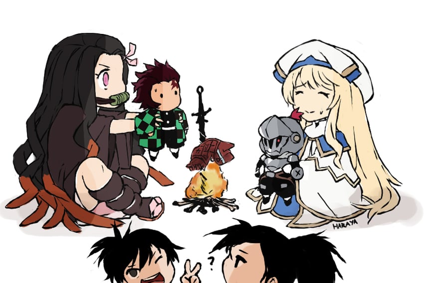 kamado nezuko, kamado tanjirou, priestess, goblin slayer, hyakkimaru, and 1 more (kimetsu no yaiba and 2 more) drawn by haraya_manawari