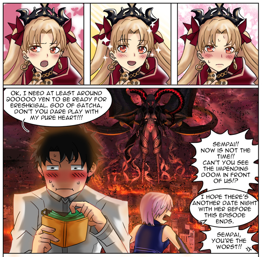 mash kyrielight, fujimaru ritsuka, ereshkigal, and tiamat (fate and 1 more) drawn by yumekage