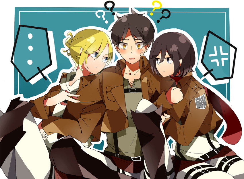 mikasa ackerman, eren yeager, and annie leonhart (shingeki no kyojin) drawn by rinnhiso