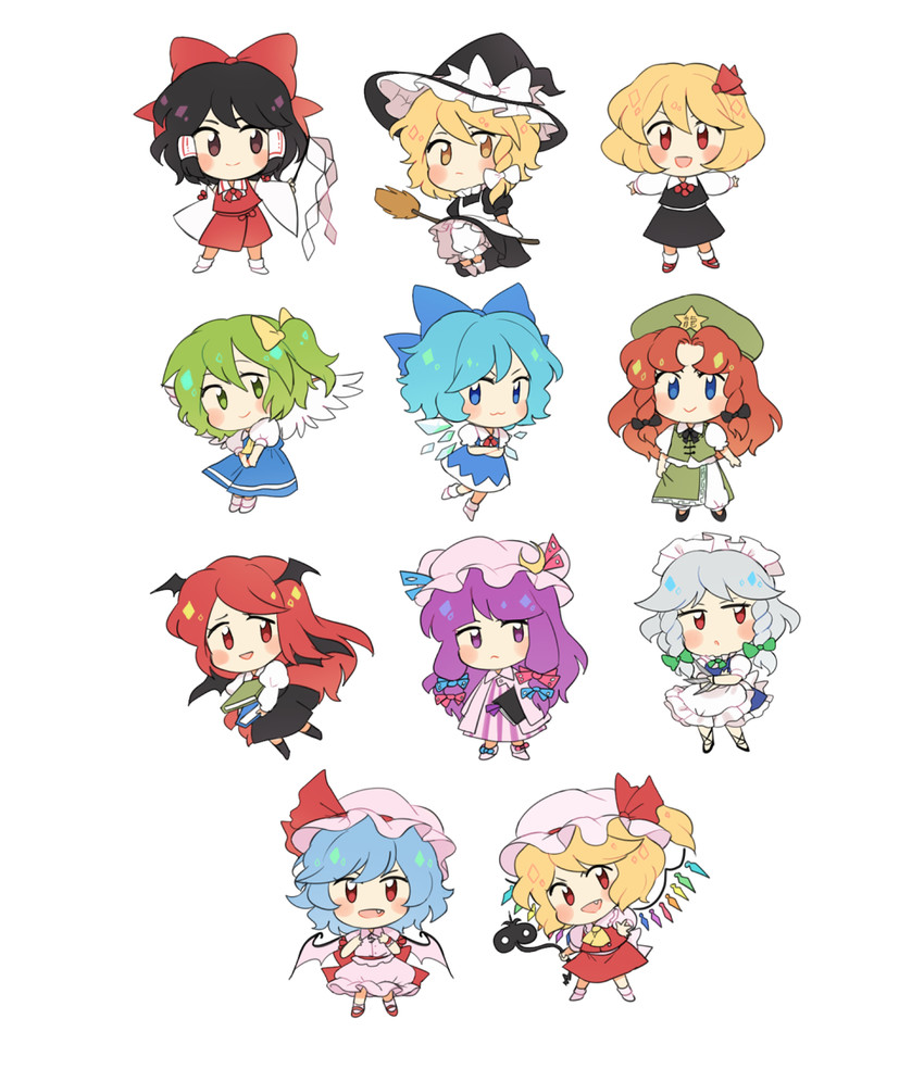 hakurei reimu, kirisame marisa, remilia scarlet, flandre scarlet, izayoi sakuya, and 6 more (touhou and 1 more) drawn by jeto_(jetopyon)