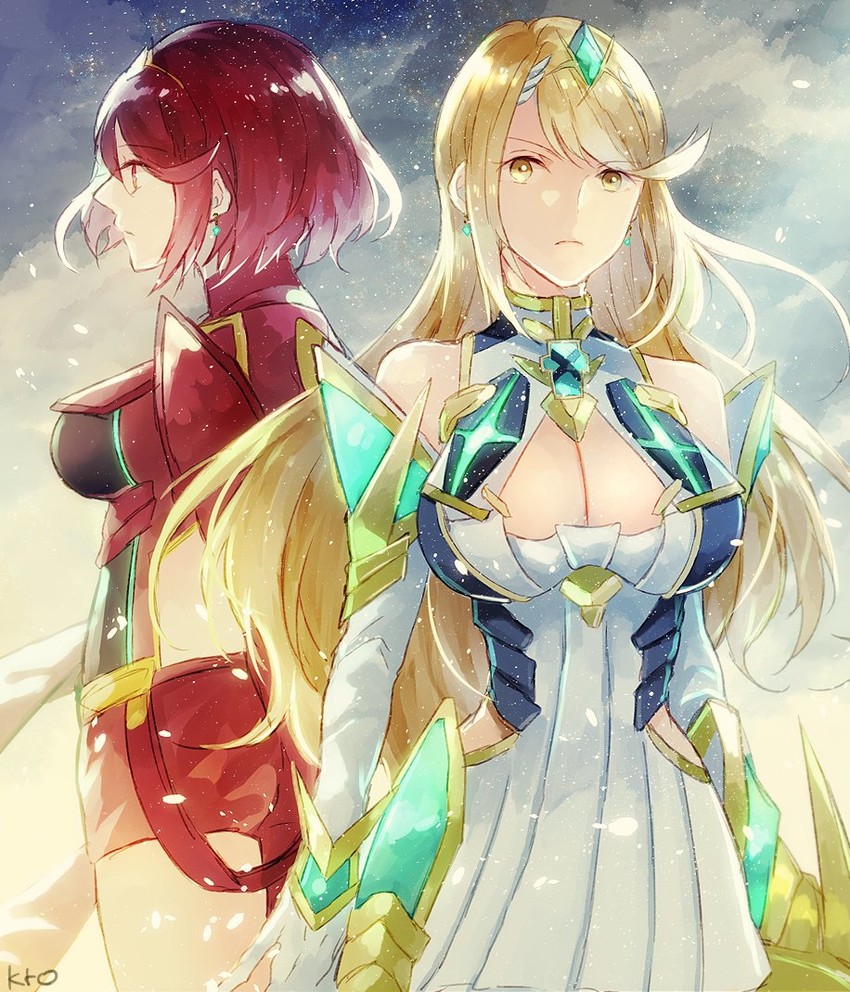 pyra and mythra (xenoblade chronicles and 1 more) drawn by okii