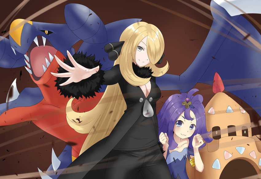 cynthia, garchomp, acerola, and palossand (pokemon and 2 more) drawn by shirogane_(shirogane_eishi)