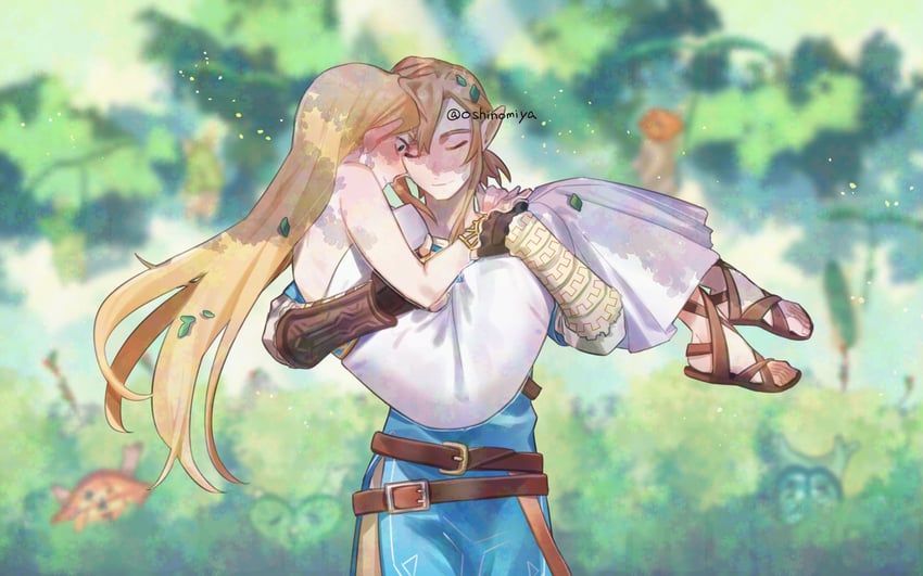 link, princess zelda, and korok (the legend of zelda and 1 more) drawn by oshinomiya