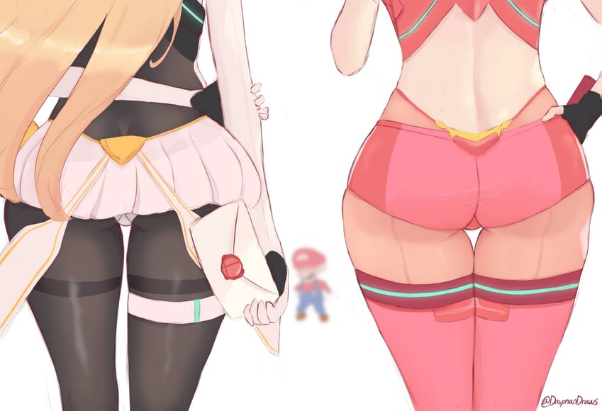 pyra, mario, and mythra (mario and 3 more) drawn by daymandraws