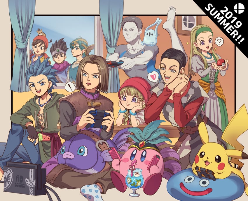 pikachu, kirby, slime, roto, hero, and 7 more (pokemon and 8 more) drawn by janis_(hainegom)