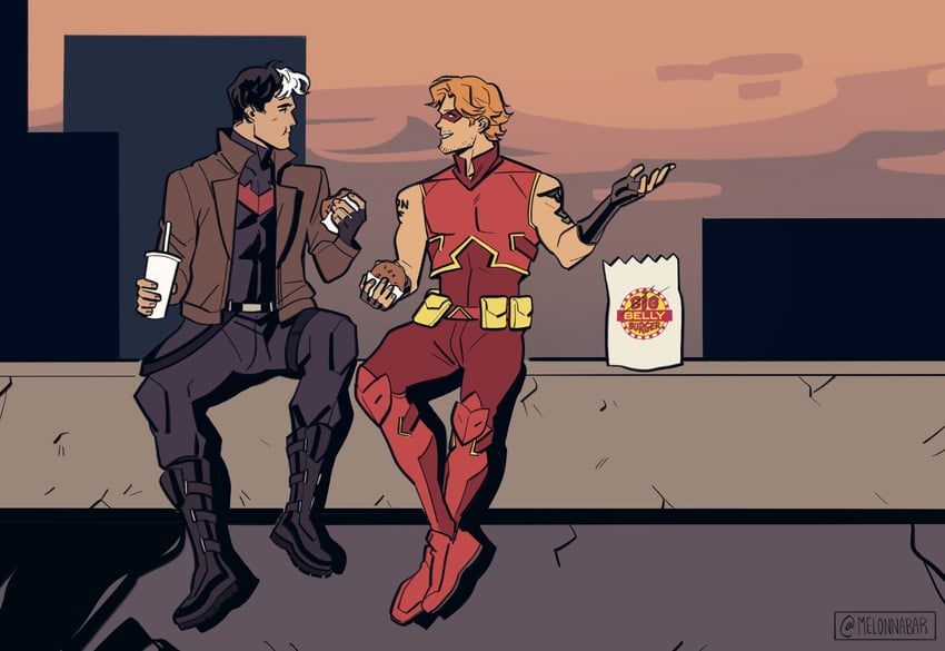 jason todd, red hood, roy harper, and arsenal (dc comics and 2 more) drawn by melonnabar