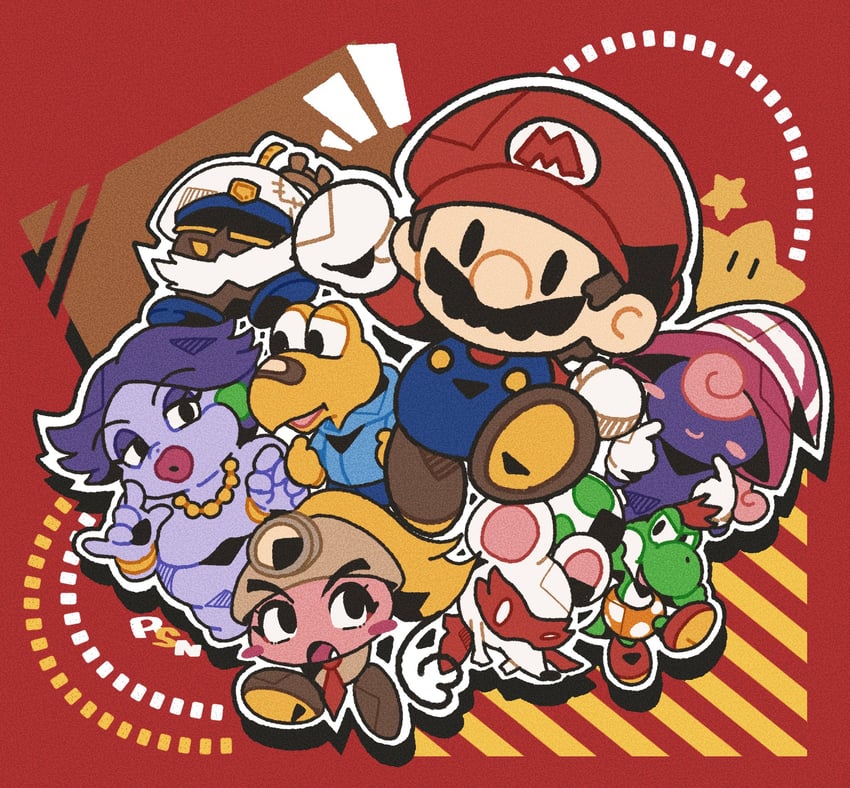 mario, luma, vivian, paper mario, goombella, and 5 more (mario and 2 more) drawn by rushin