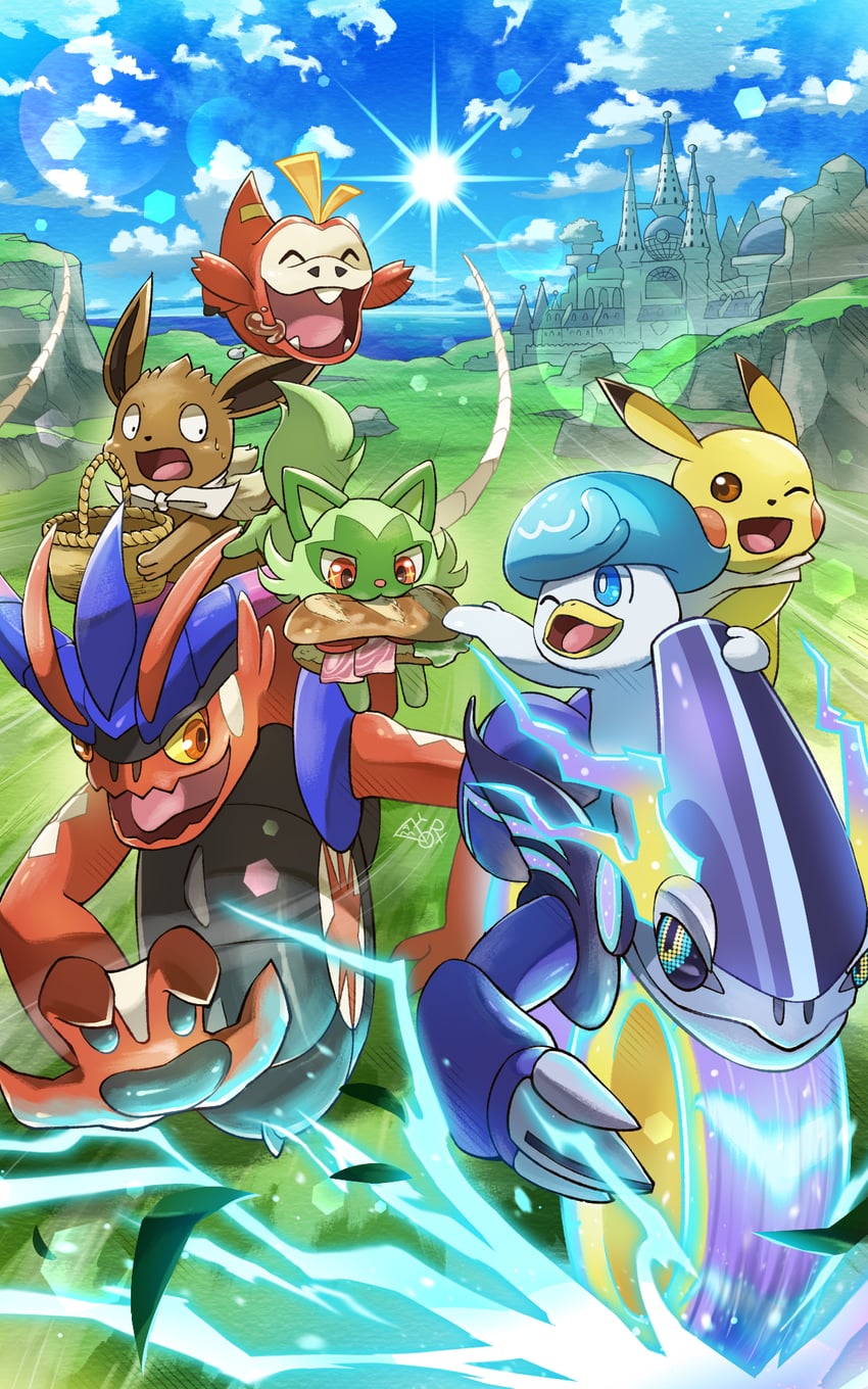 pikachu, eevee, sprigatito, fuecoco, quaxly, and 2 more (pokemon and 1 more) drawn by yamaori_(hakkentai_pokedan)