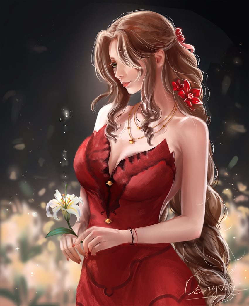 aerith gainsborough (final fantasy and 2 more) drawn by donyta