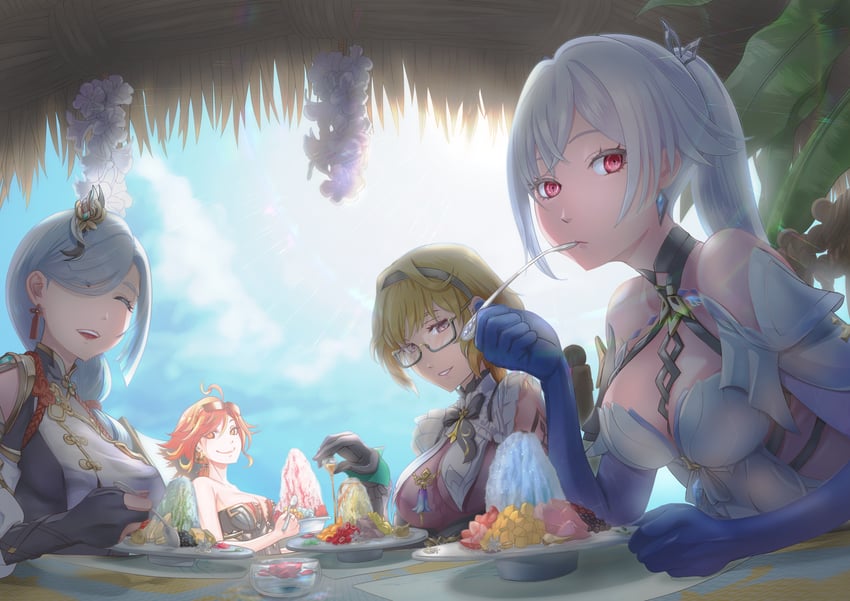 shenhe, mavuika, skirk, and emilie (genshin impact) drawn by warugaki_arashibori