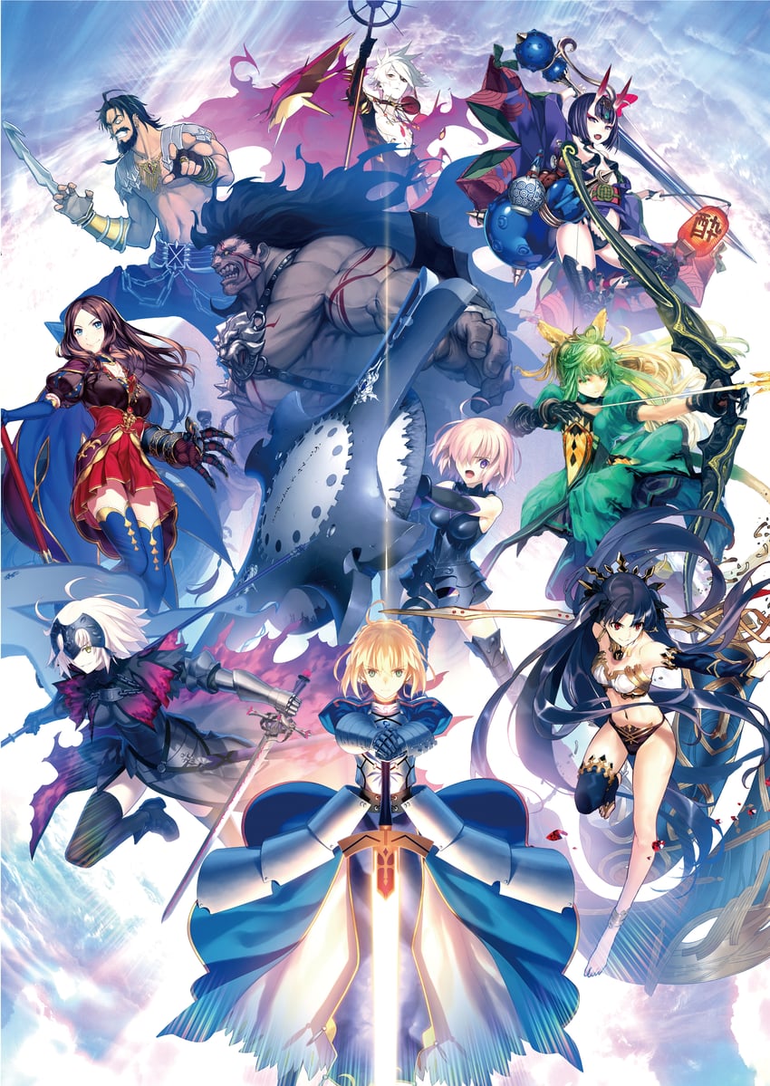 artoria pendragon, saber, mash kyrielight, shuten douji, ishtar, and 6 more (fate and 2 more) drawn by asai_genji, azusa_(hws), b_suke, honjou_raita, morii_shizuki, pako_(pakosun), simosi, and takeuchi_takashi