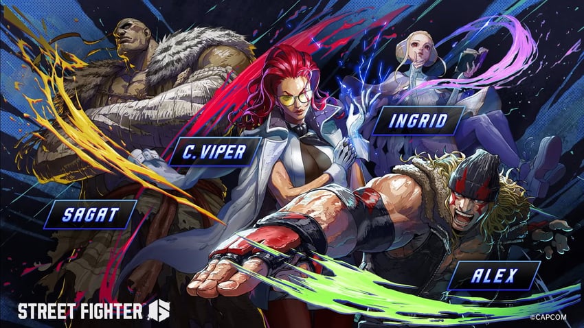 ingrid, crimson viper, sagat, and alex (street fighter and 1 more) drawn by takayuki_nakayama
