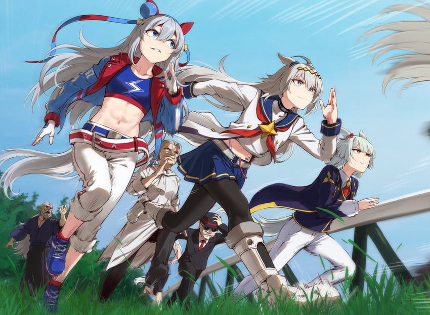 oguri cap, tamamo cross, fujimasa march, oguri cap's mother, musaka ginjirou, and 2 more (umamusume and 1 more) drawn by motsunabe_(mo2nap3)