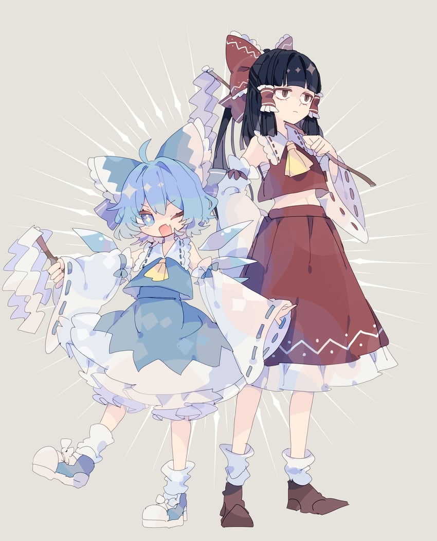 hakurei reimu and cirno (touhou) drawn by nikorashi-ka
