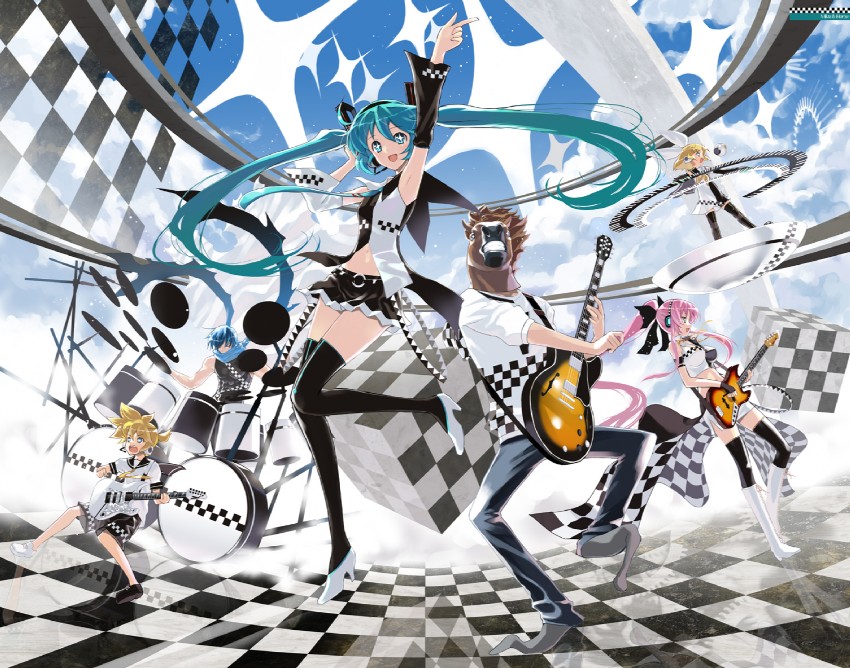 hatsune miku, kagamine rin, kagamine len, megurine luka, kaito, and 1 more (vocaloid) drawn by chun_(friendly_sky)