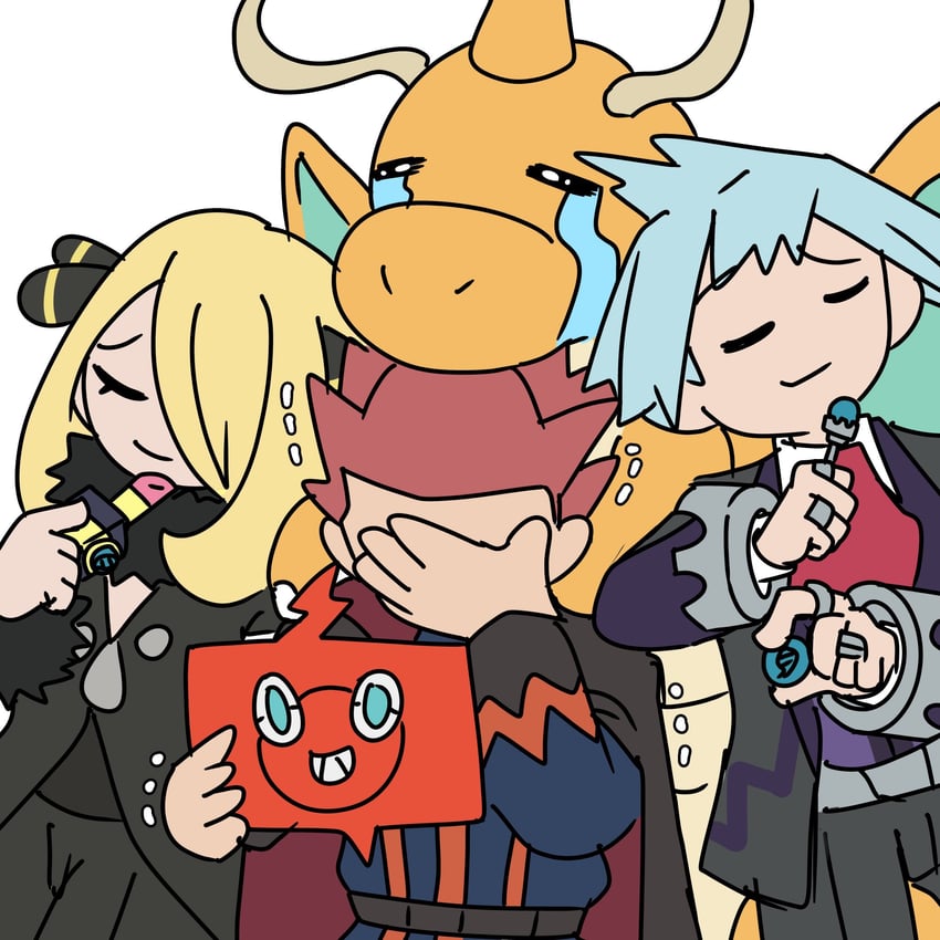 cynthia, rotom, rotom phone, steven stone, dragonite, and 1 more (pokemon and 3 more) drawn by mesono_himoko