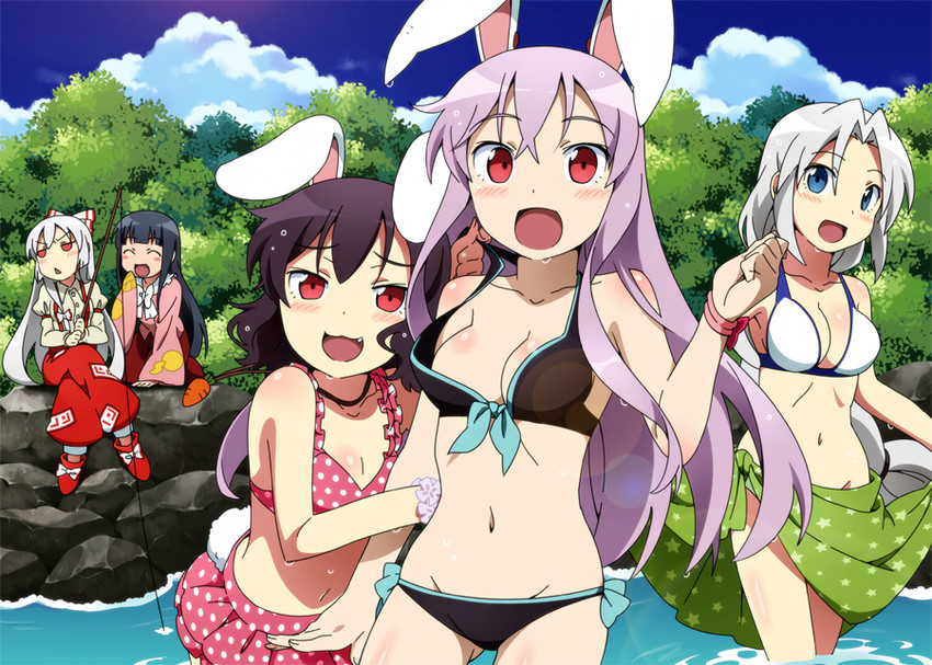 reisen udongein inaba, fujiwara no mokou, houraisan kaguya, inaba tewi, and yagokoro eirin (touhou) drawn by arieko