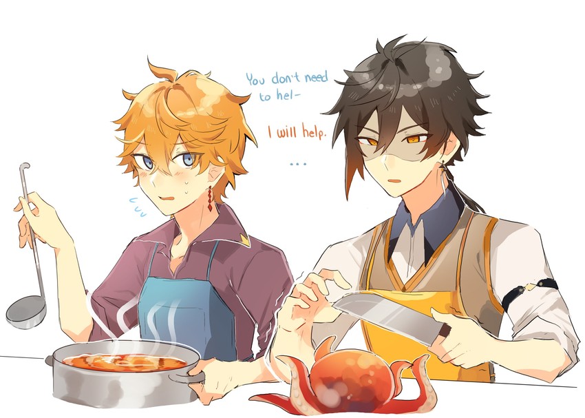 zhongli and tartaglia (genshin impact) drawn by nemururin
