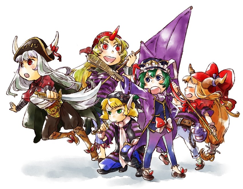 kamishirasawa keine, ibuki suika, mizuhashi parsee, hoshiguma yuugi, shiki eiki, and 1 more (touhou) drawn by yukataro