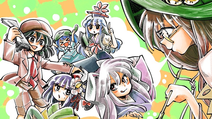 shameimaru aya, reisen udongein inaba, kawashiro nitori, kamishirasawa keine, hieda no akyuu, and 1 more (touhou) drawn by komaku_juushoku