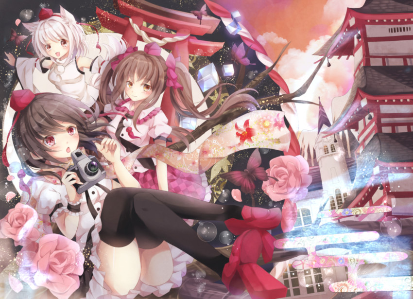 shameimaru aya, inubashiri momiji, and himekaidou hatate (touhou) drawn by sugisaki_yuu