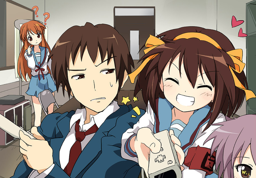 suzumiya haruhi, nagato yuki, asahina mikuru, and kyon (suzumiya haruhi no yuuutsu) drawn by ixy