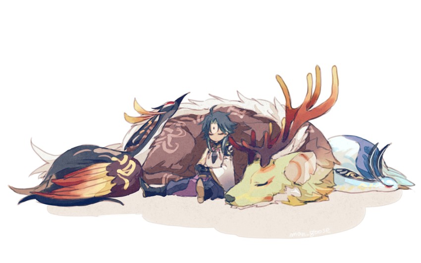xiao, xianyun, cloud retainer, moon carver, and mountain shaper (genshin impact) drawn by maka_(morphine)