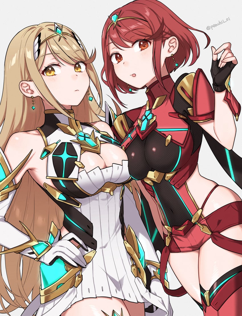 pyra and mythra (xenoblade chronicles and 1 more) drawn by shamu_(peach11_01)