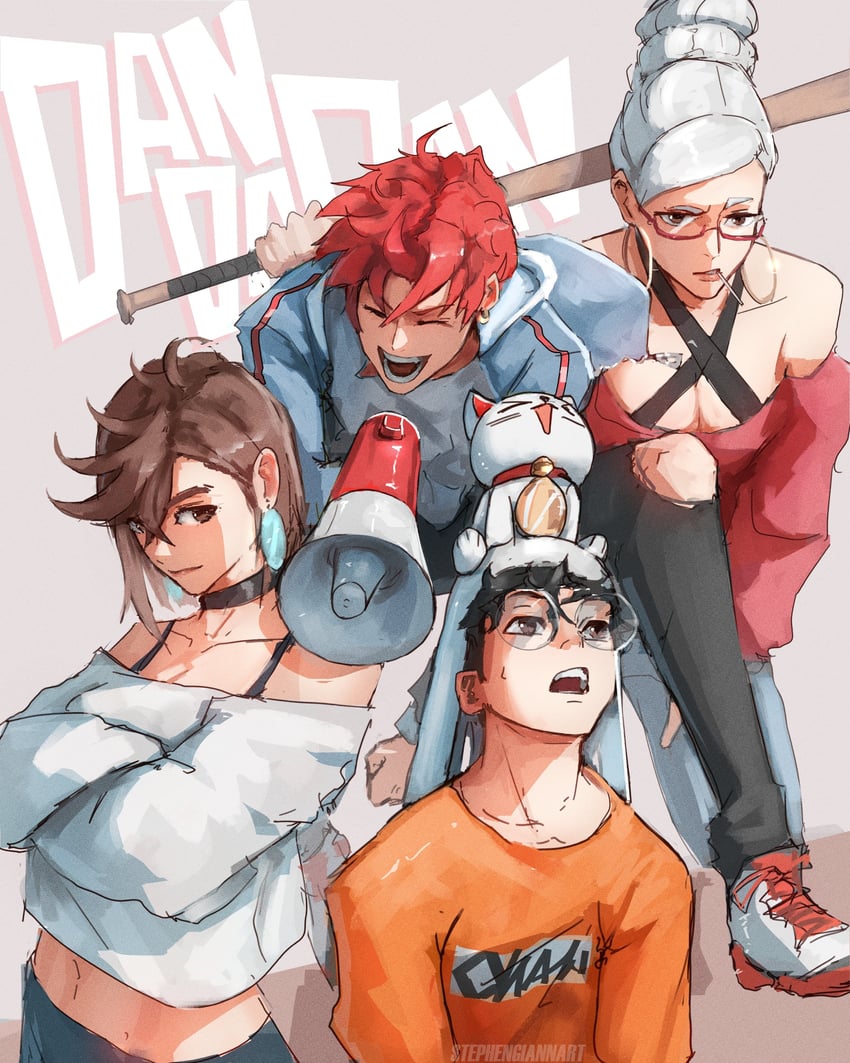 ayase momo, takakura ken, turbo granny, ayase seiko, and enjoji jin (dandadan) drawn by moyuqiankong