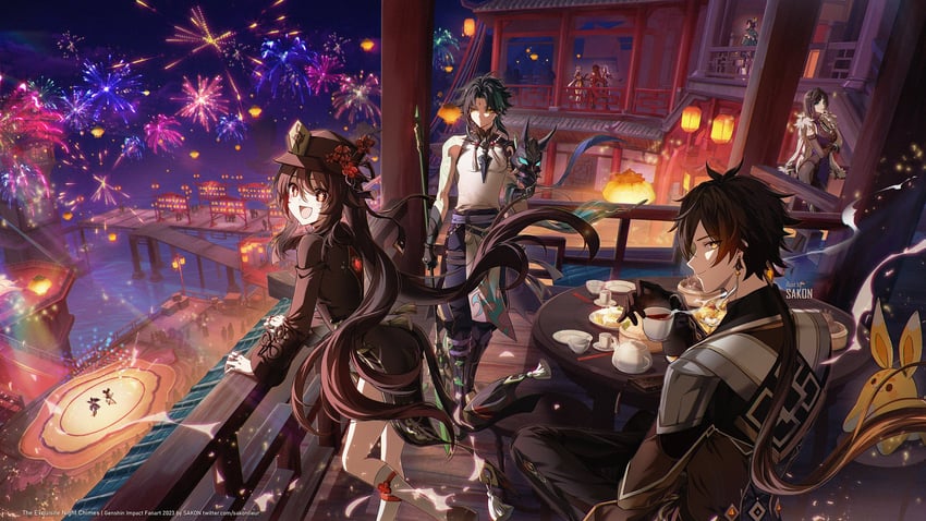 hu tao, zhongli, venti, shenhe, xiao, and 6 more (genshin impact) drawn by sakon04