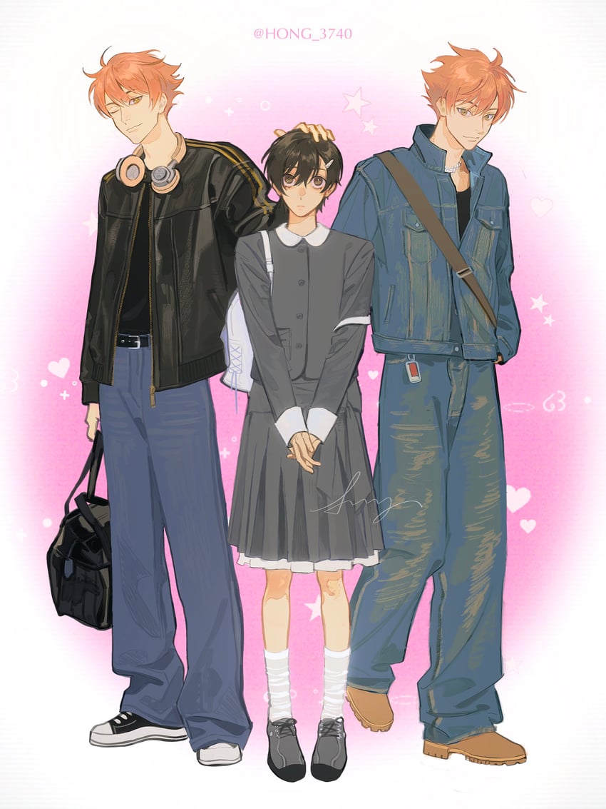 fujioka haruhi, hitachiin hikaru, and hitachiin kaoru (ouran high school host club) drawn by hong_3740