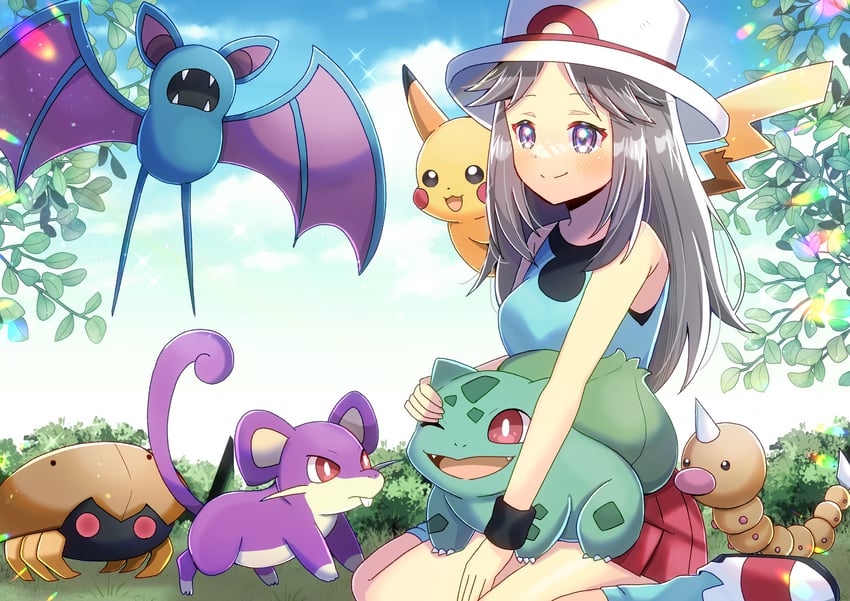 pikachu, leaf, bulbasaur, zubat, rattata, and 2 more (pokemon and 1 more) drawn by kou_hiyoyo