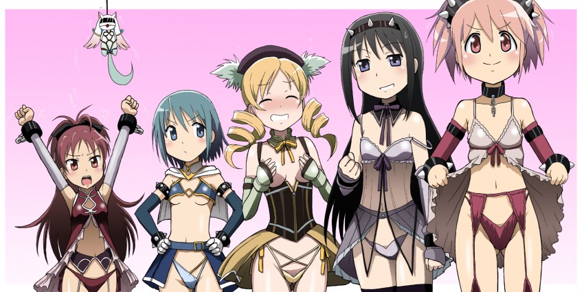 akemi homura, kaname madoka, miki sayaka, sakura kyoko, tomoe mami, and 1 more (mahou shoujo madoka magica) drawn by takaya_n