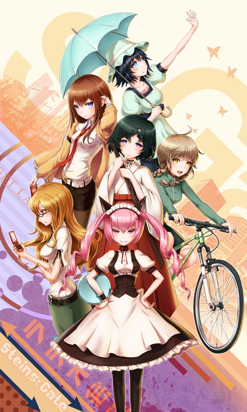 makise kurisu, shiina mayuri, amane suzuha, urushibara luka, akiha rumiho, and 1 more (steins;gate) drawn by futsuka_(dzone)