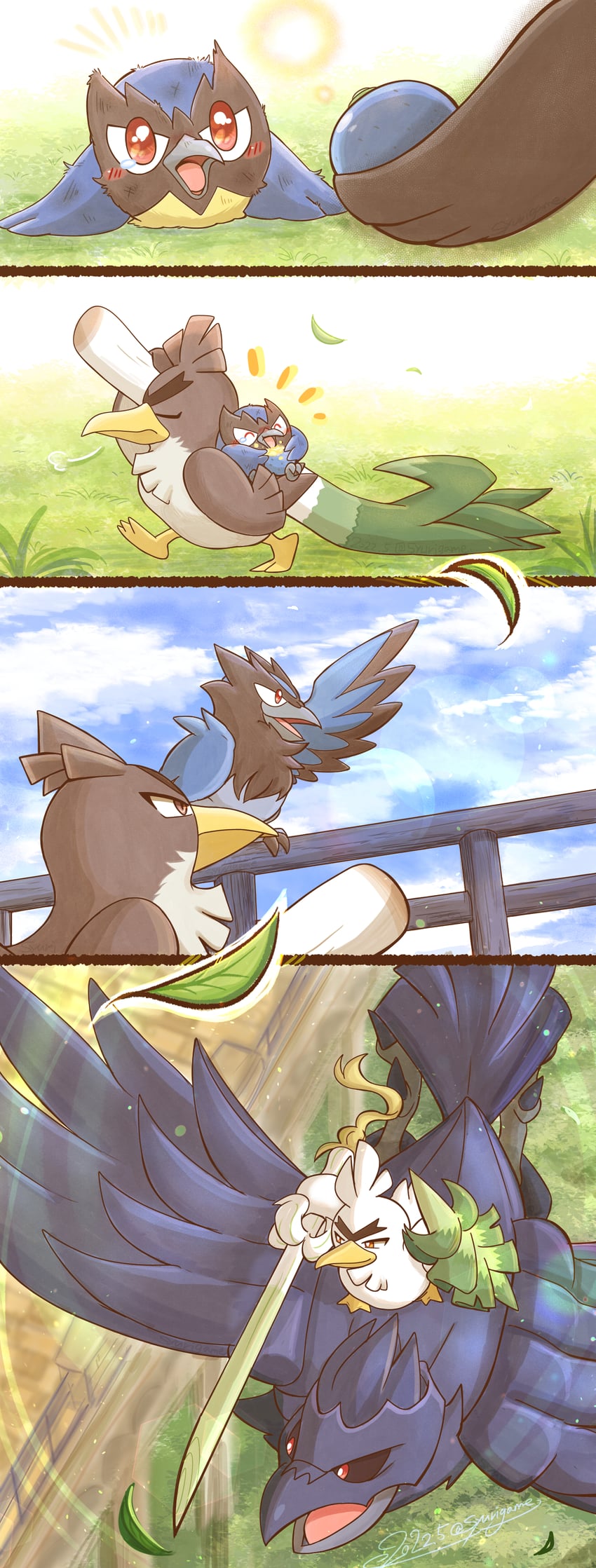 sirfetch'd, corviknight, rookidee, galarian farfetch'd, and corvisquire (pokemon) drawn by shuri_(syurigame)