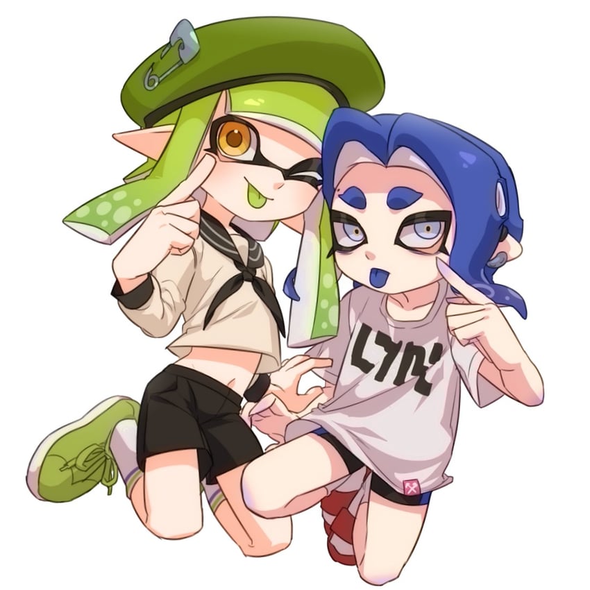 inkling player character, inkling girl, octoling player character, and octoling girl (splatoon) drawn by ikki_(gsl_9708)
