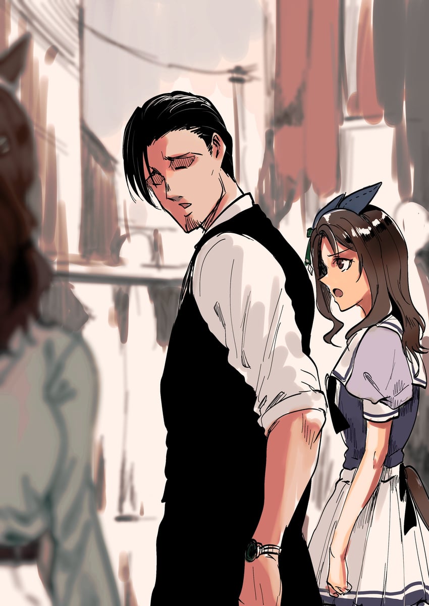 trainer, king halo, and light hello (umamusume) drawn by kakuteru_sudachi