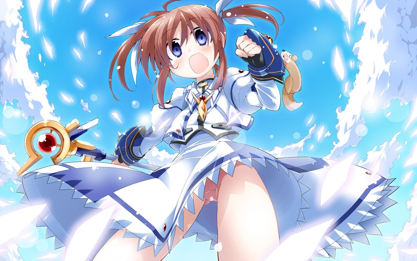 takamachi nanoha, raising heart, and yuuno scrya (lyrical nanoha and 3 more) drawn by bibi02