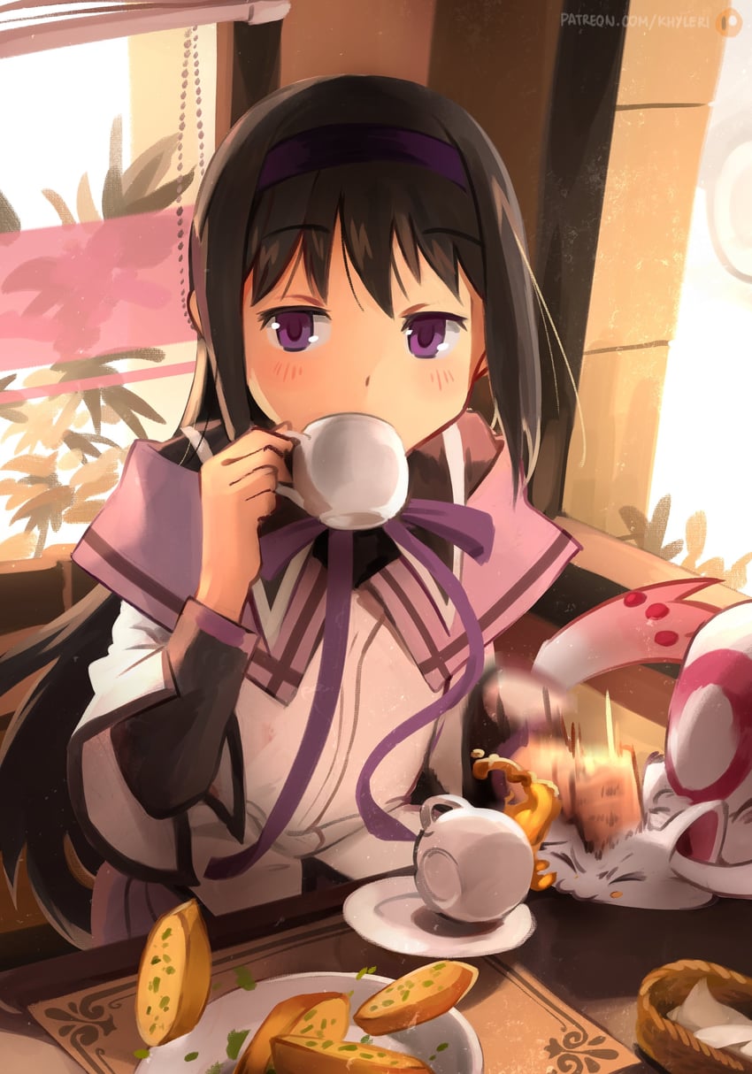 akemi homura and kyubey (mahou shoujo madoka magica) drawn by khyle.