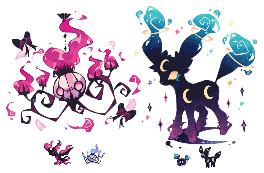 espeon, chandelure, cosmog, and galarian moltres (pokemon) drawn by charamells